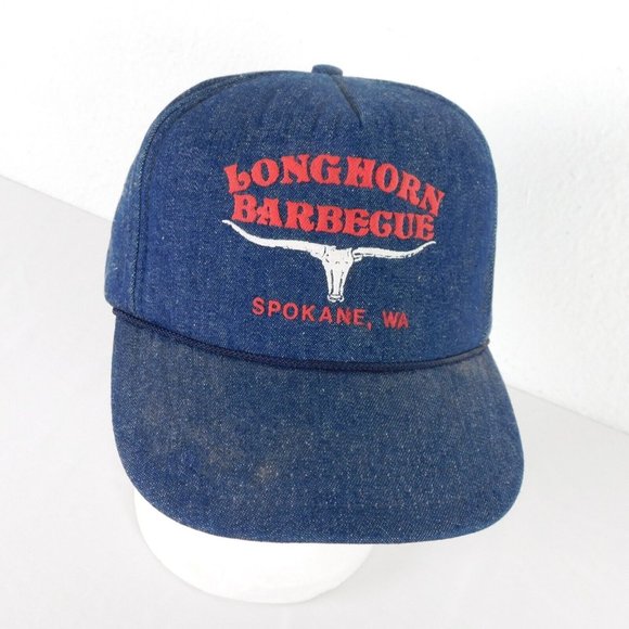 Longhorn Barbecue Mens Regular Size Blue Denim Trucker Hat Cotton Spokane - Picture 1 of 11